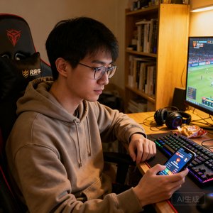 电竞牛资深用户小王的生活照，25岁的他在上海从事互联网行业，戴眼镜穿连帽卫衣，每天下班后都会打开电竞牛观看赛事直播